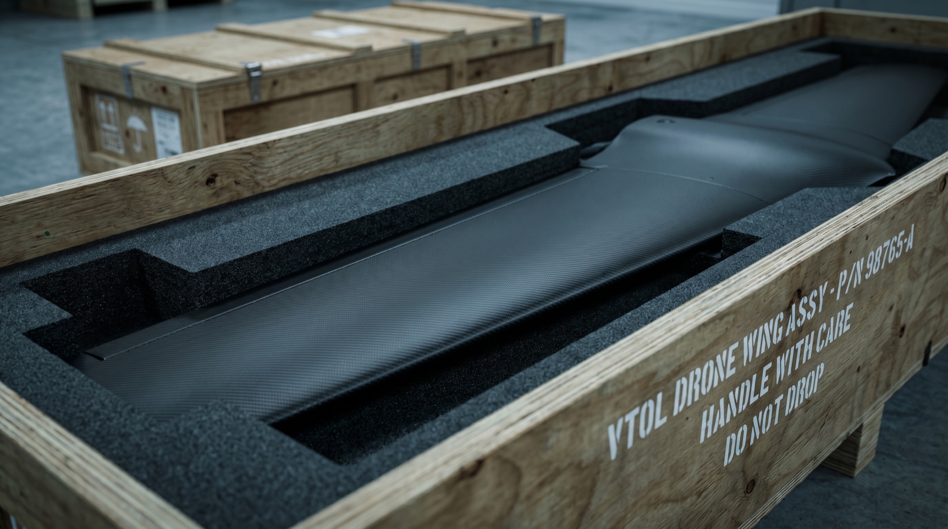 Aethon wing assembly in shipping crate